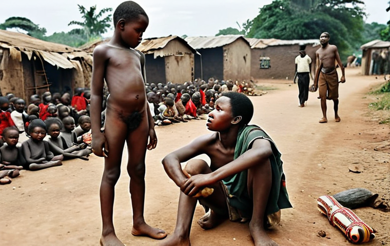 Biafra War refugees. Focus on the suffering of Igbo civilians, especially children, during the Biafran War. Emphasize starvation, displacement, and the overall humanitarian crisis.